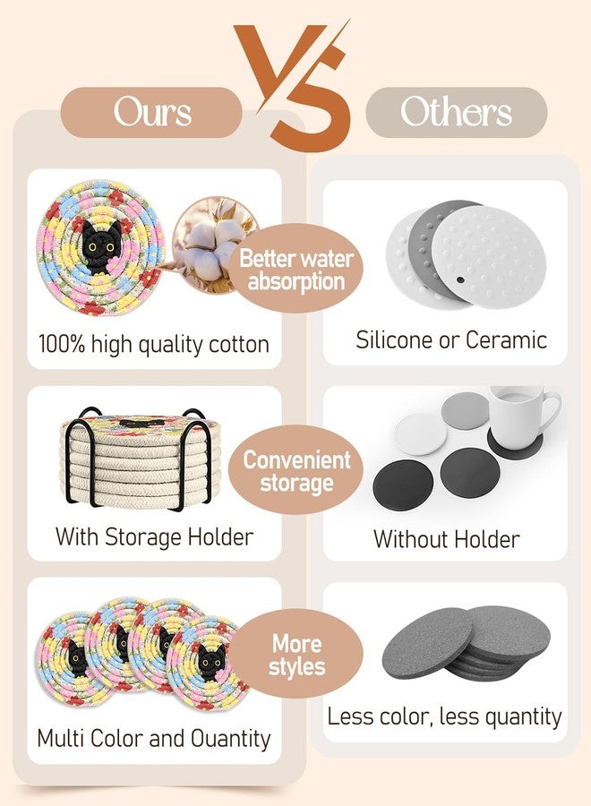 Kokaaee Drink Coasters Set of 6 - Cup Absorbent Coasters for Drinks Coffee Table Home Office Desk Decor Soft Woven Cotton Cloth Braided Fabric Drinking Cup Mat with Holder Cute Cat Flower - Image 3